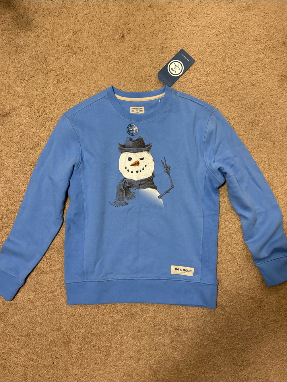 Life Is Good Women’s Blue Snowman Crewneck Sweatshirt